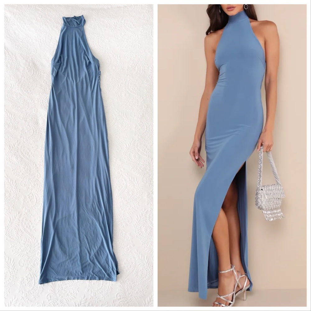 NWOT Lulus Flawless Expression Blue Mock Neck Halter Maxi Dress Medium